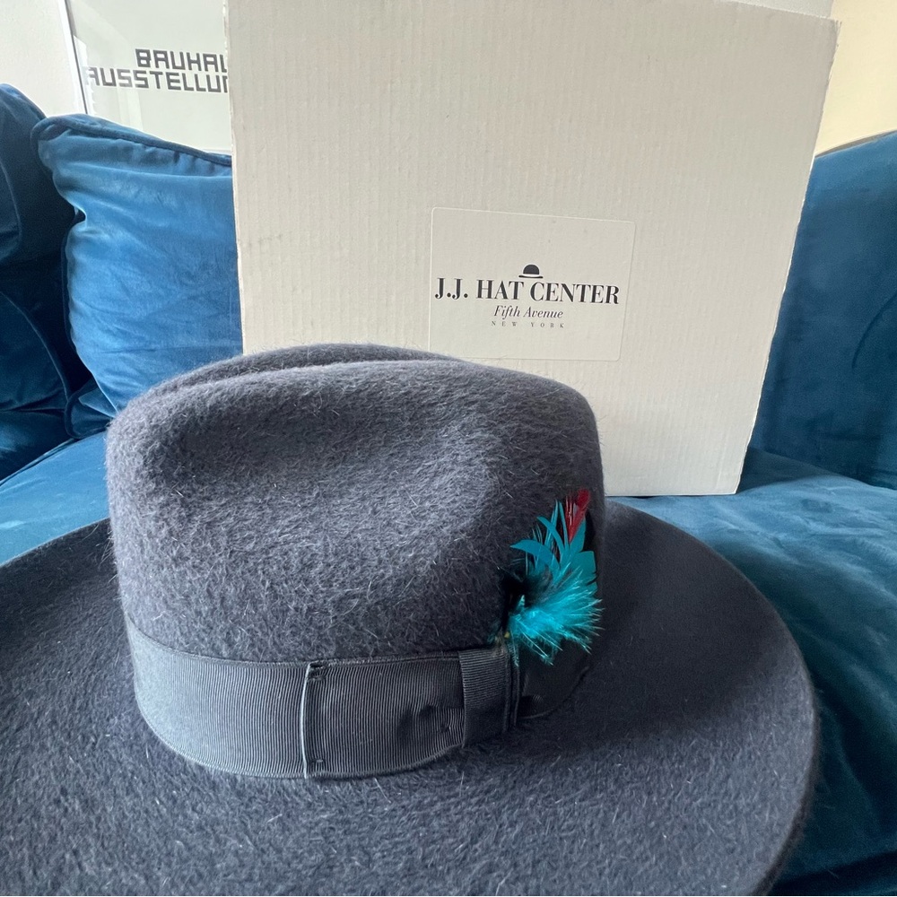 Steel Blue Fedora w/ Feather Accent- Beaver Felt Made in Canada - Size 7 (56cm)